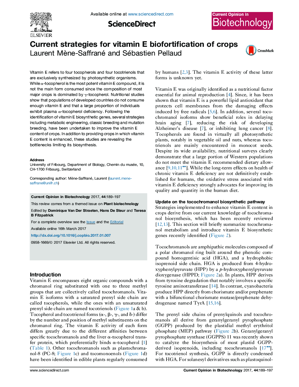 عکس صفحه اول مقاله: Current strategies for vitamin E biofortification of crops Current strategies for vitamin E biofortification of crops