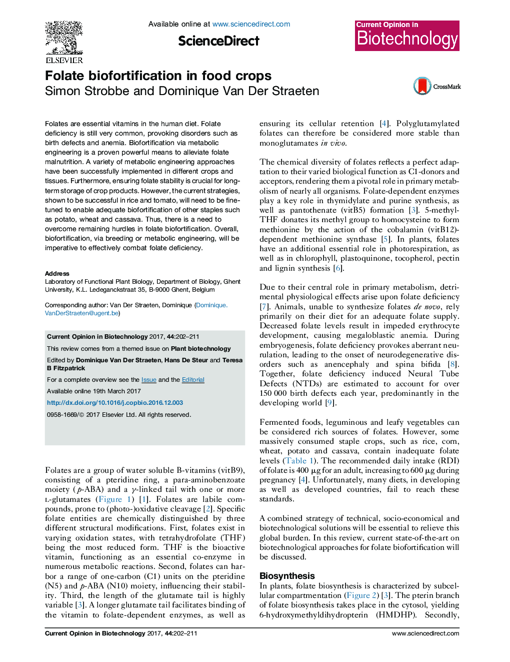 Folate biofortification in food crops