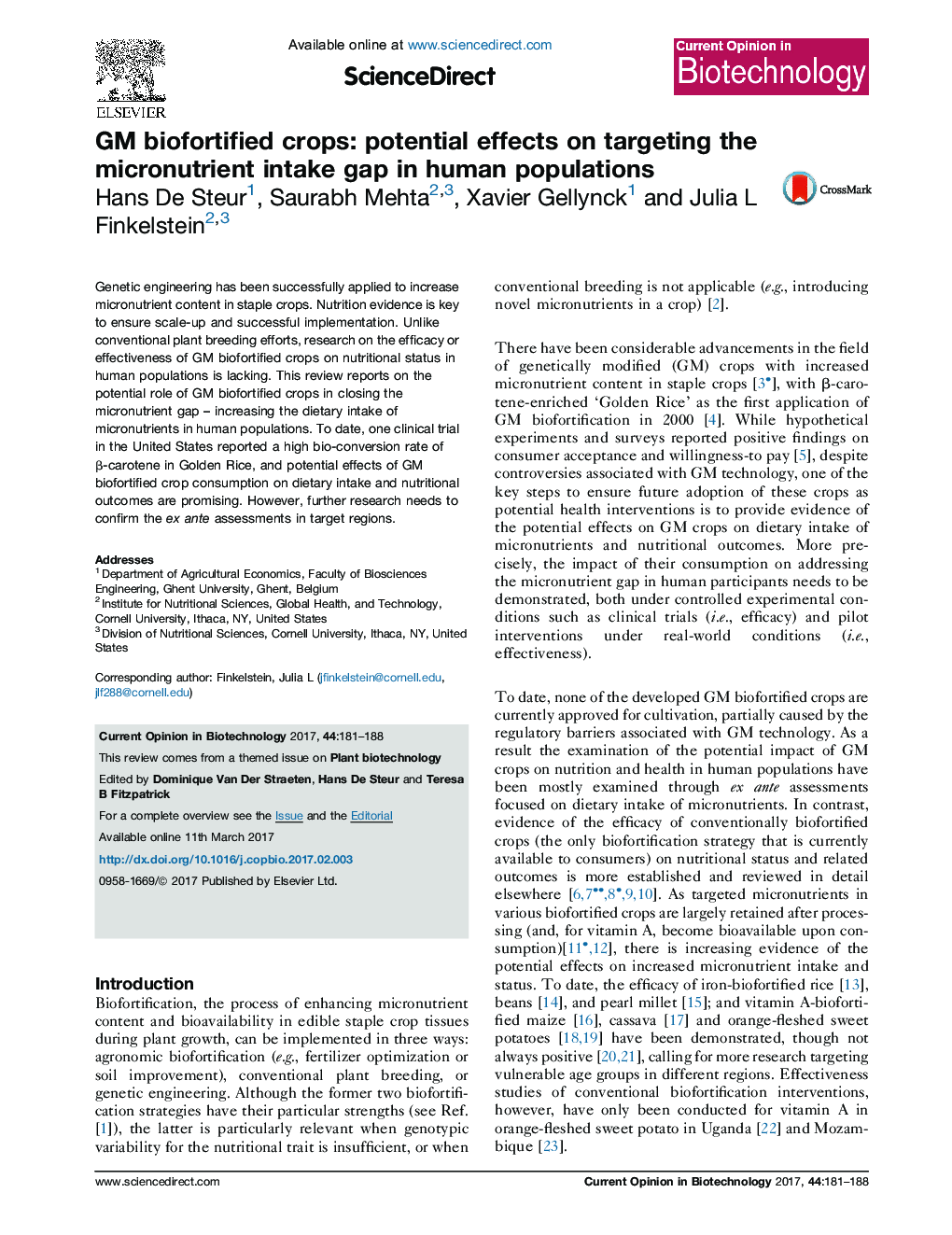 عکس صفحه اول مقاله: GM biofortified crops: potential effects on targeting the micronutrient intake gap in human populations GM biofortified crops: potential effects on targeting the micronutrient intake gap in human populations
