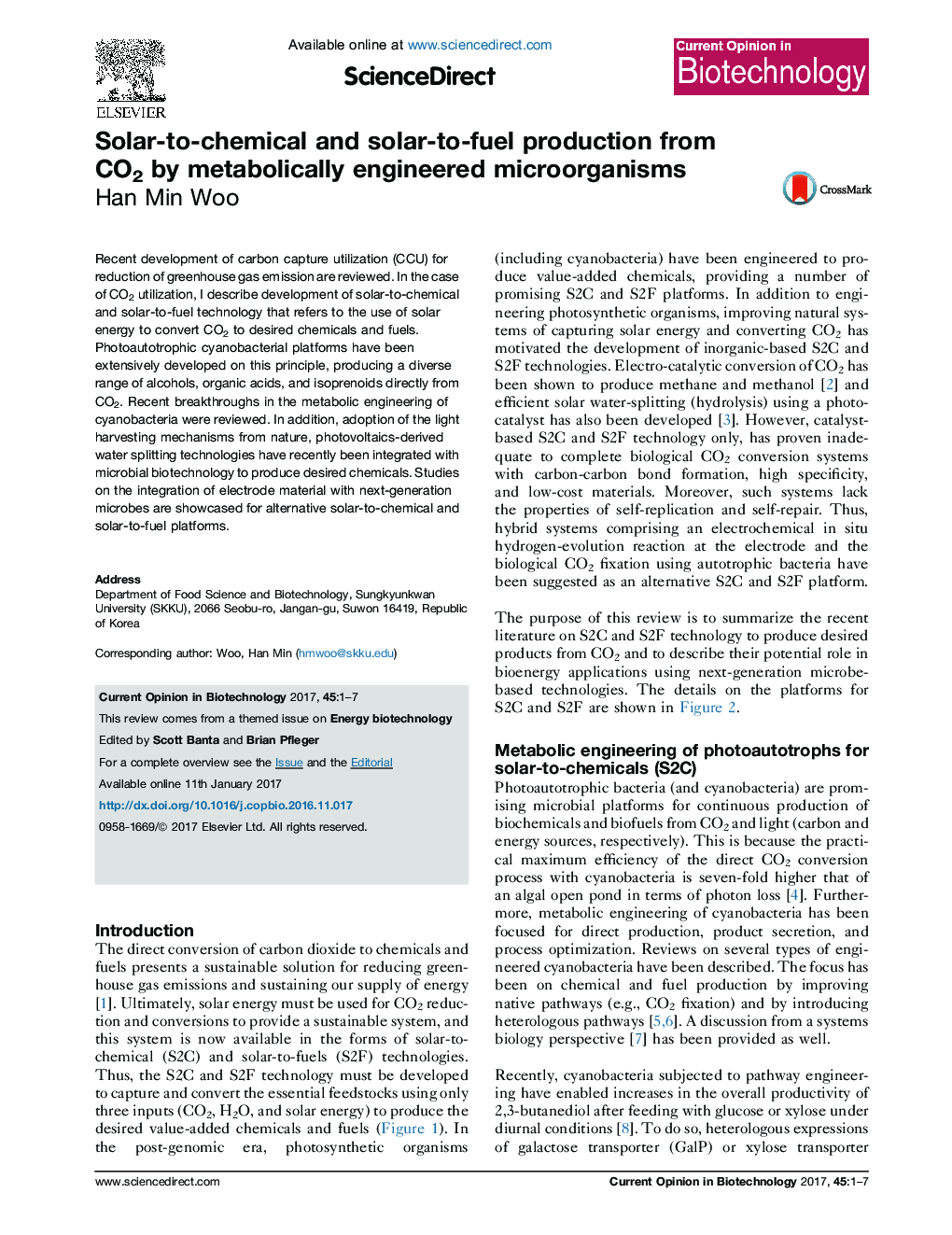 Solar-to-chemical and solar-to-fuel production from CO2 by metabolically engineered microorganisms