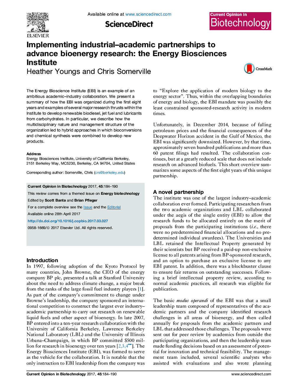 Implementing industrial-academic partnerships to advance bioenergy research: the Energy Biosciences Institute