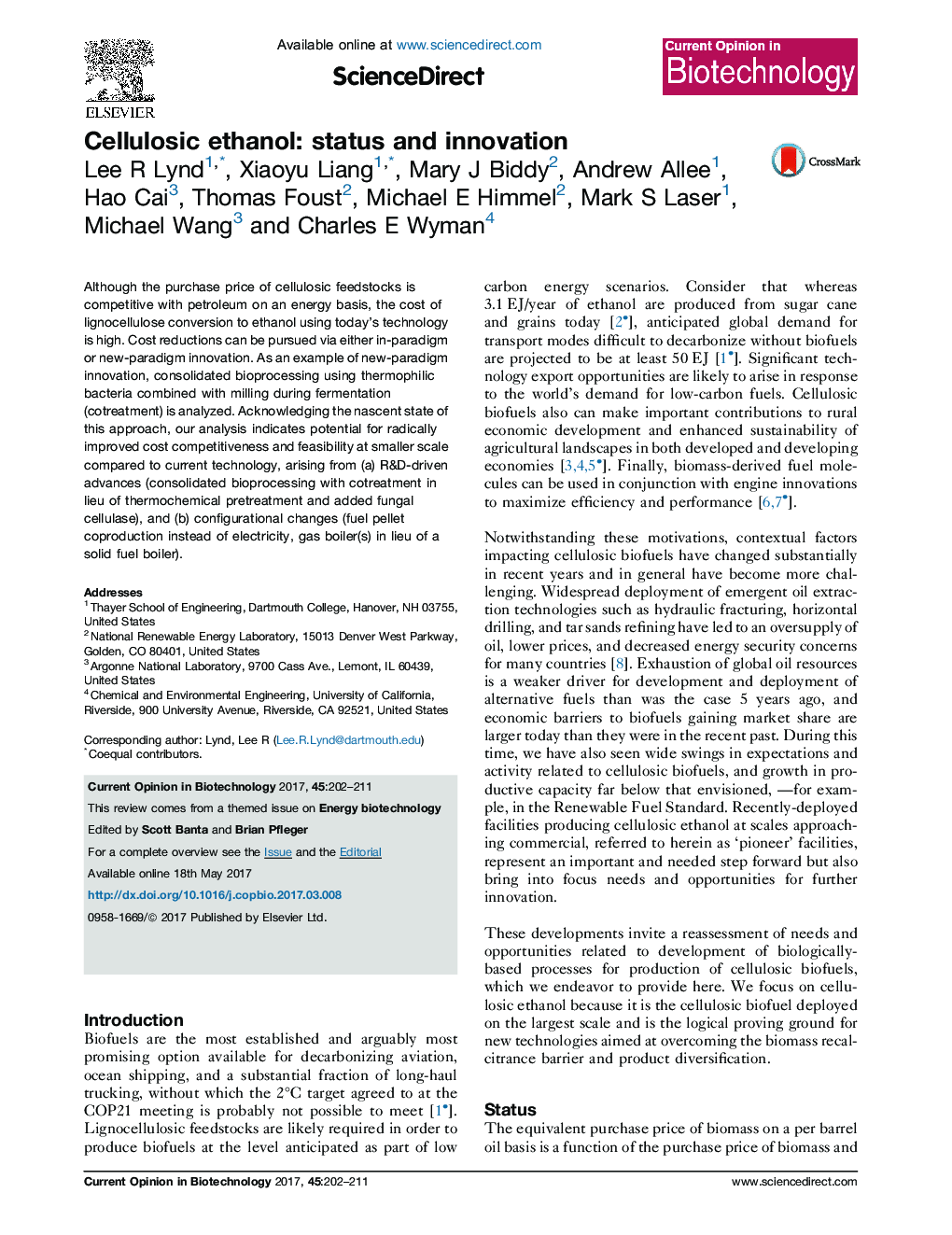 Cellulosic ethanol: status and innovation