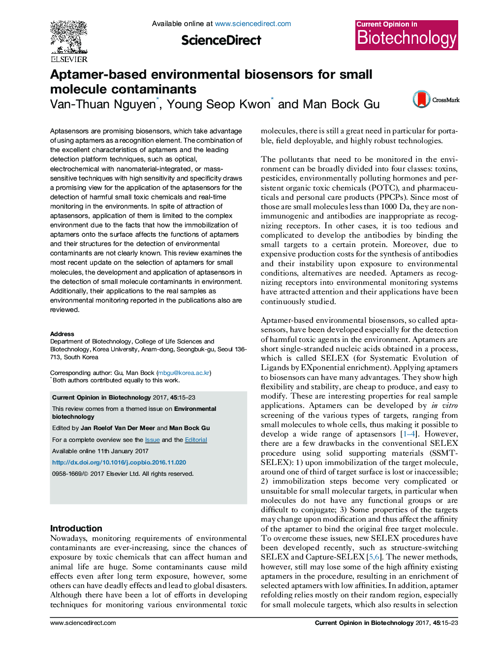 Aptamer-based environmental biosensors for small molecule contaminants