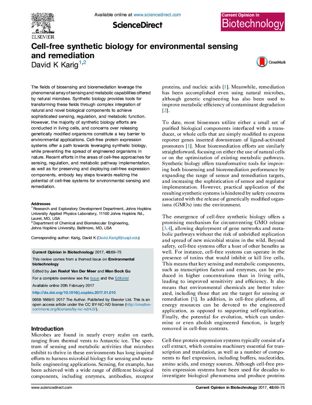 Cell-free synthetic biology for environmental sensing and remediation