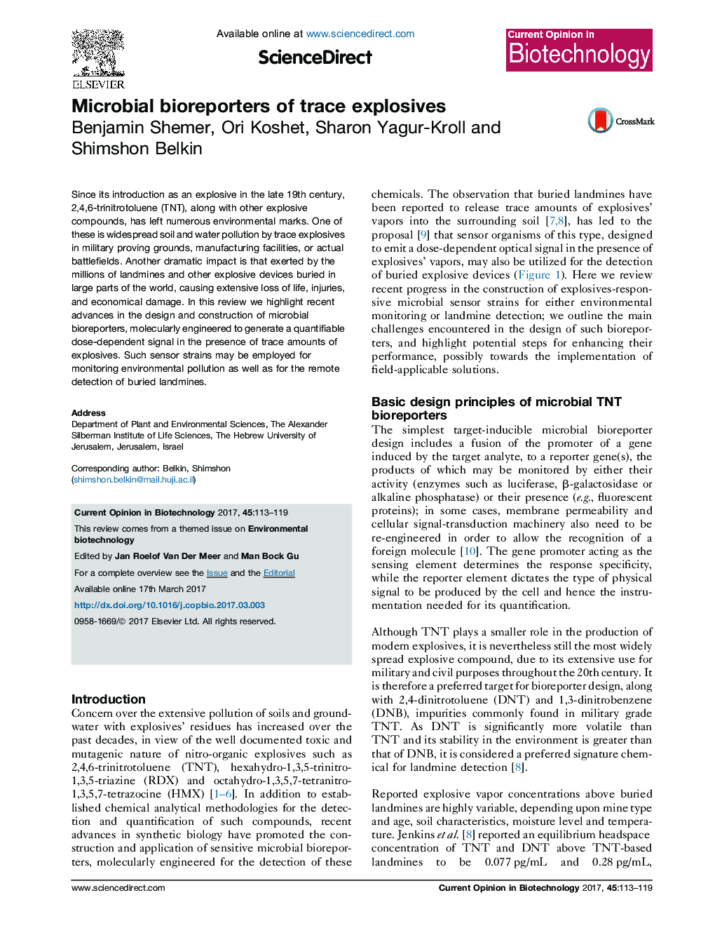 Microbial bioreporters of trace explosives