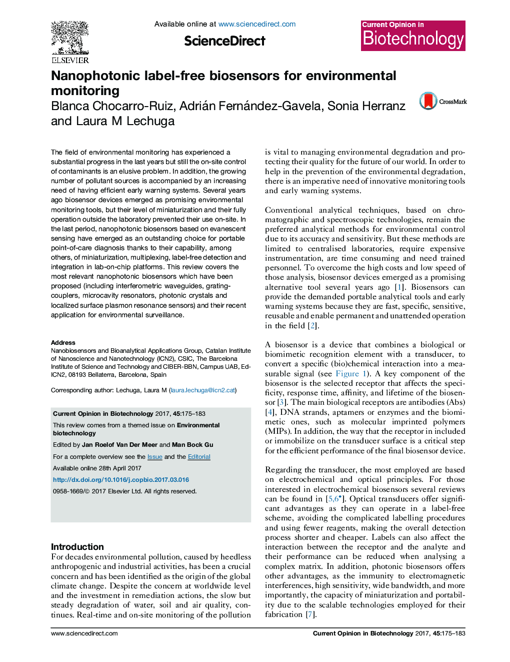 Nanophotonic label-free biosensors for environmental monitoring