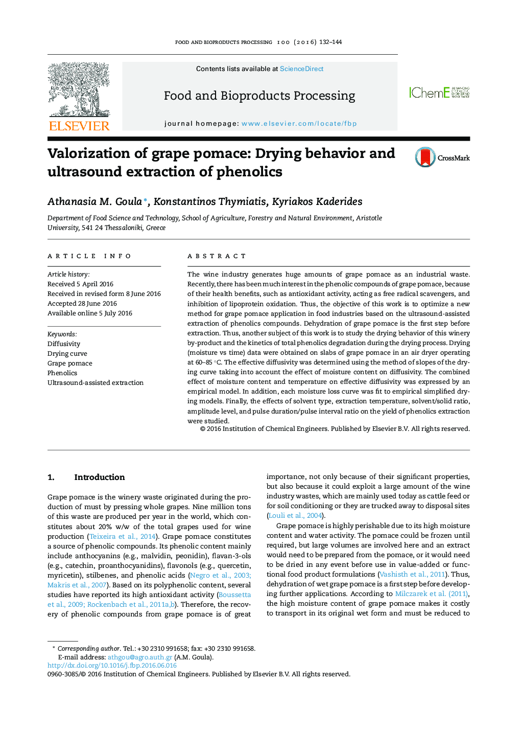 Valorization of grape pomace: Drying behavior and ultrasound extraction of phenolics