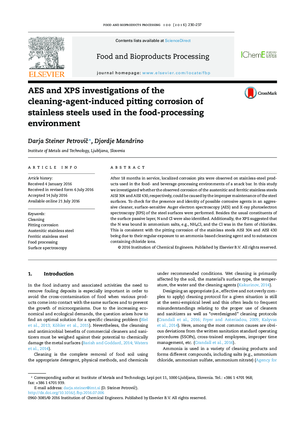 AES and XPS investigations of the cleaning-agent-induced pitting corrosion of stainless steels used in the food-processing environment