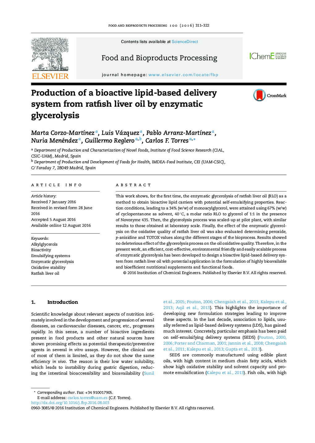 Production of a bioactive lipid-based delivery system from ratfish liver oil by enzymatic glycerolysis