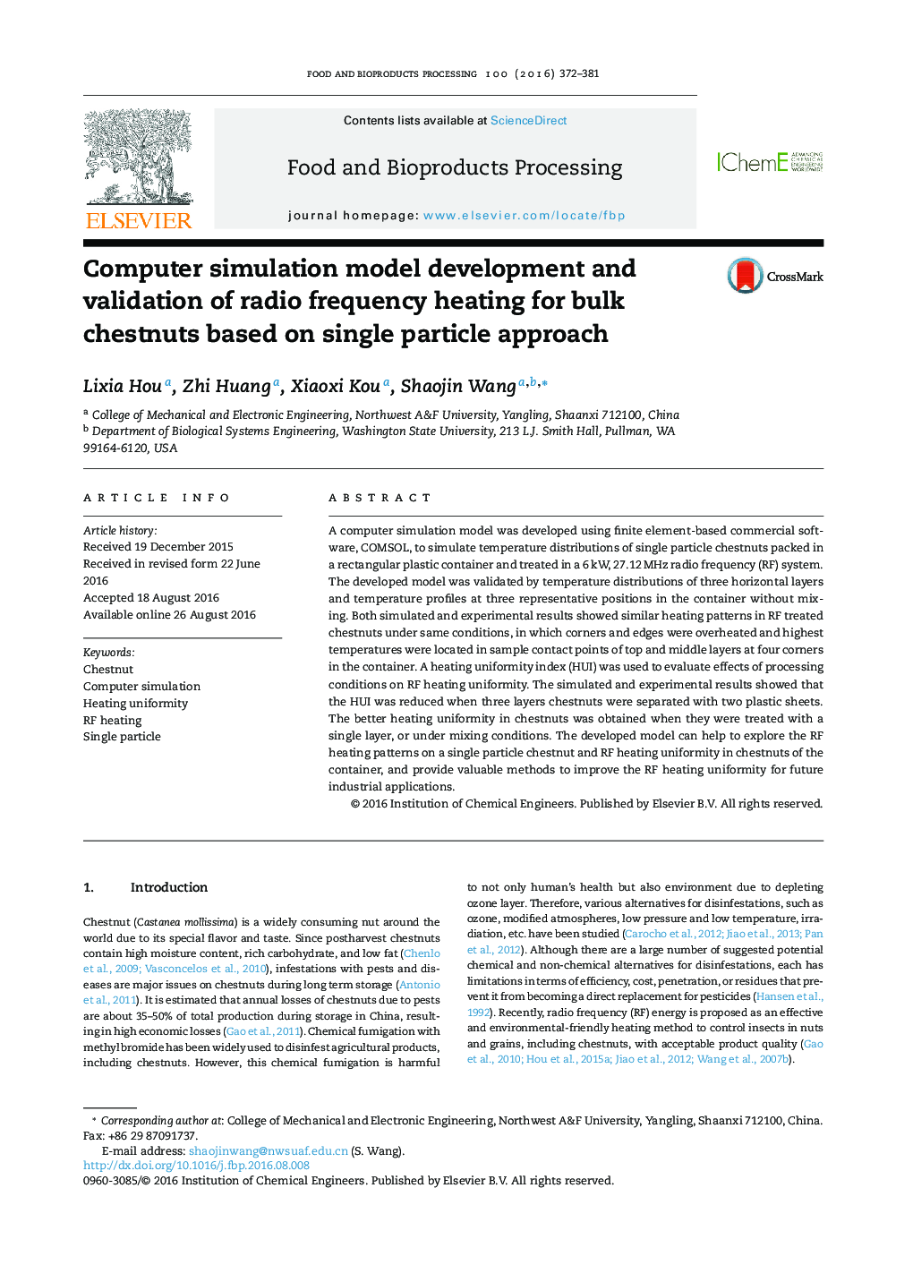 Computer simulation model development and validation of radio frequency heating for bulk chestnuts based on single particle approach