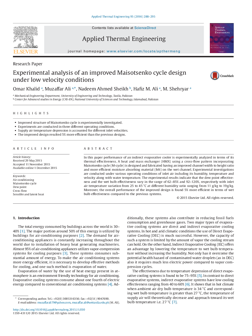 Experimental analysis of an improved Maisotsenko cycle design under low velocity conditions