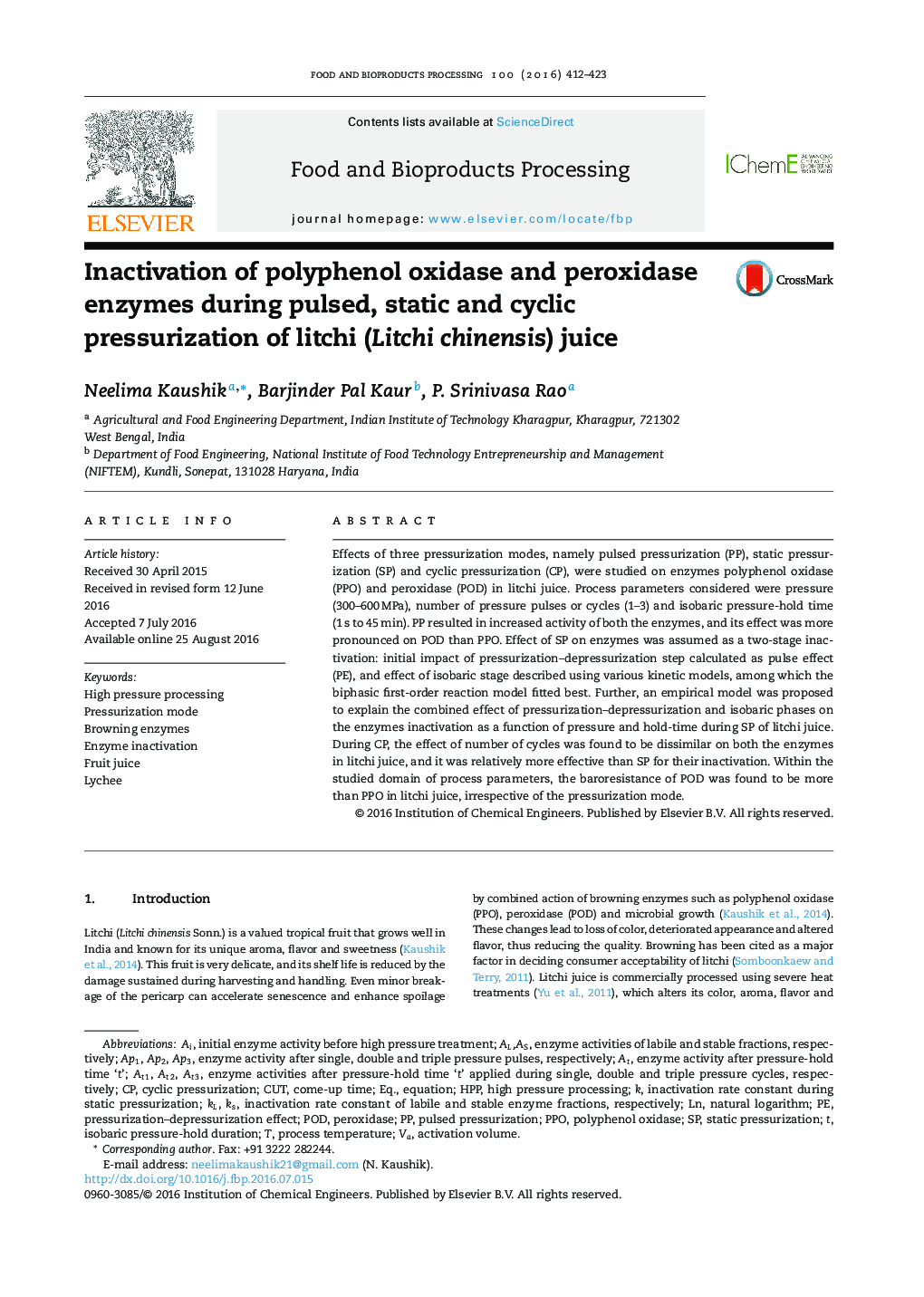 Inactivation of polyphenol oxidase and peroxidase enzymes during pulsed, static and cyclic pressurization of litchi (Litchi chinensis) juice