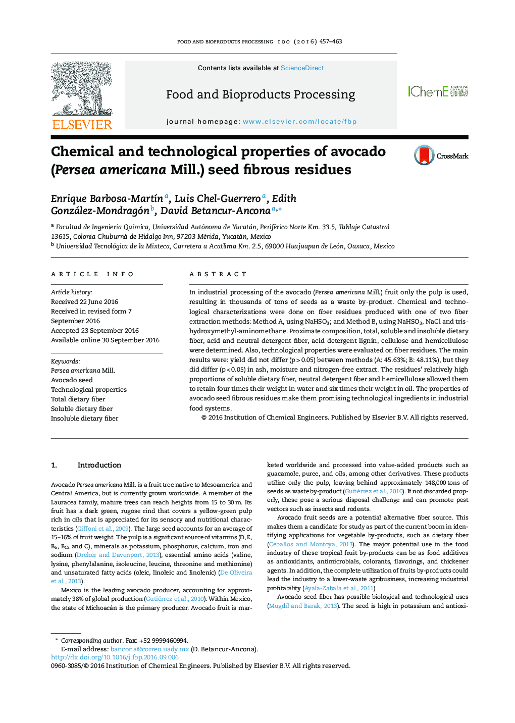 Chemical and technological properties of avocado (Persea americana Mill.) seed fibrous residues