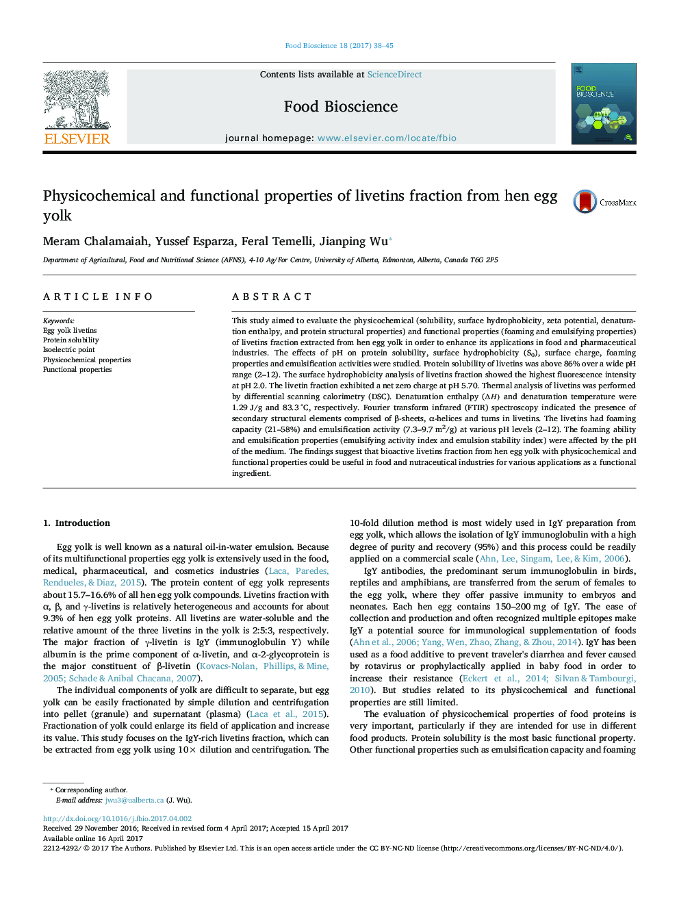 Physicochemical and functional properties of livetins fraction from hen egg yolk