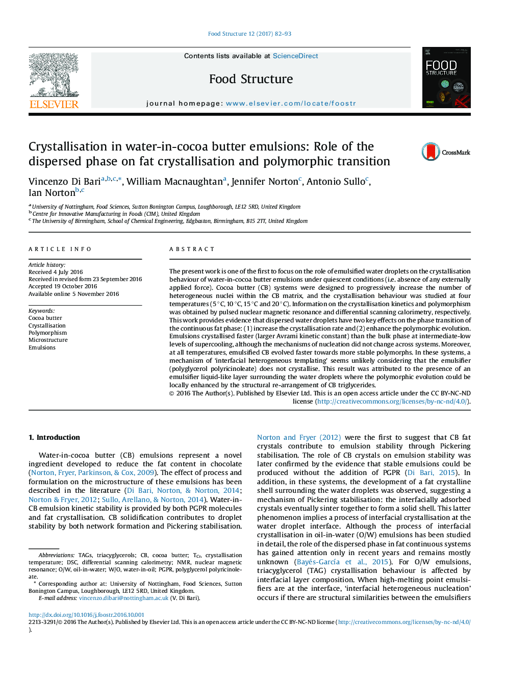 کریستالیزاسیون در امولسیون کره آب-در-کاکائو: نقش فاز پراکنده بر روی بلور سازی چربی و انتقال پلی مورفیک