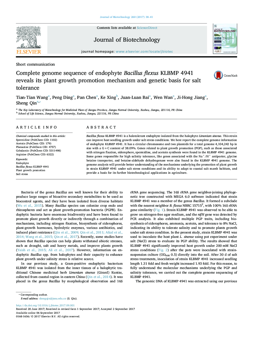 Short communicationComplete genome sequence of endophyte Bacillus flexus KLBMP 4941 reveals its plant growth promotion mechanism and genetic basis for salt tolerance