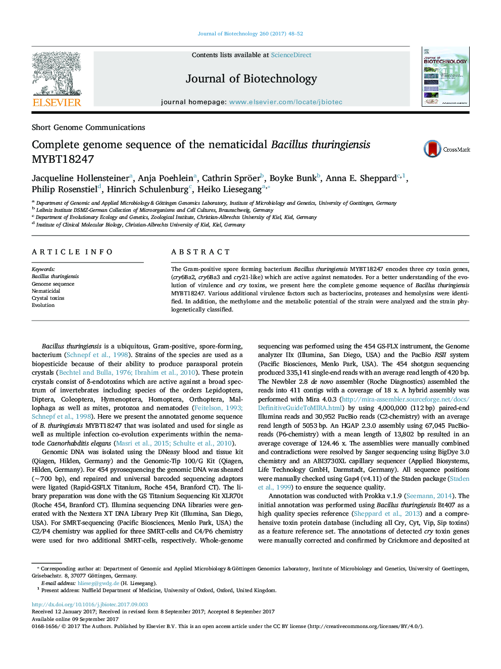 Short Genome CommunicationsComplete genome sequence of the nematicidal Bacillus thuringiensis MYBT18247