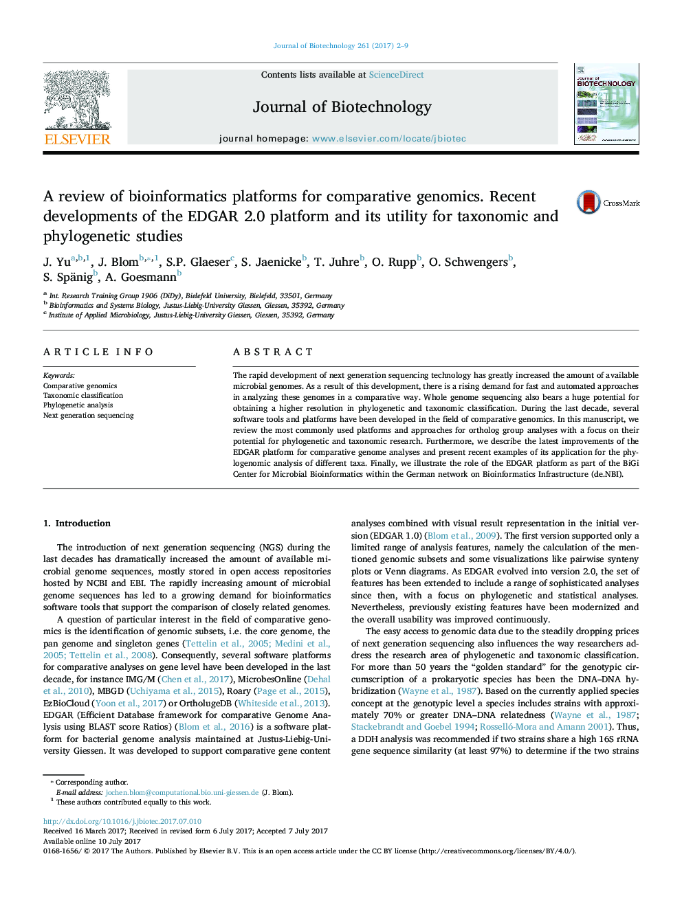 A review of bioinformatics platforms for comparative genomics. Recent developments of the EDGAR 2.0 platform and its utility for taxonomic and phylogenetic studies