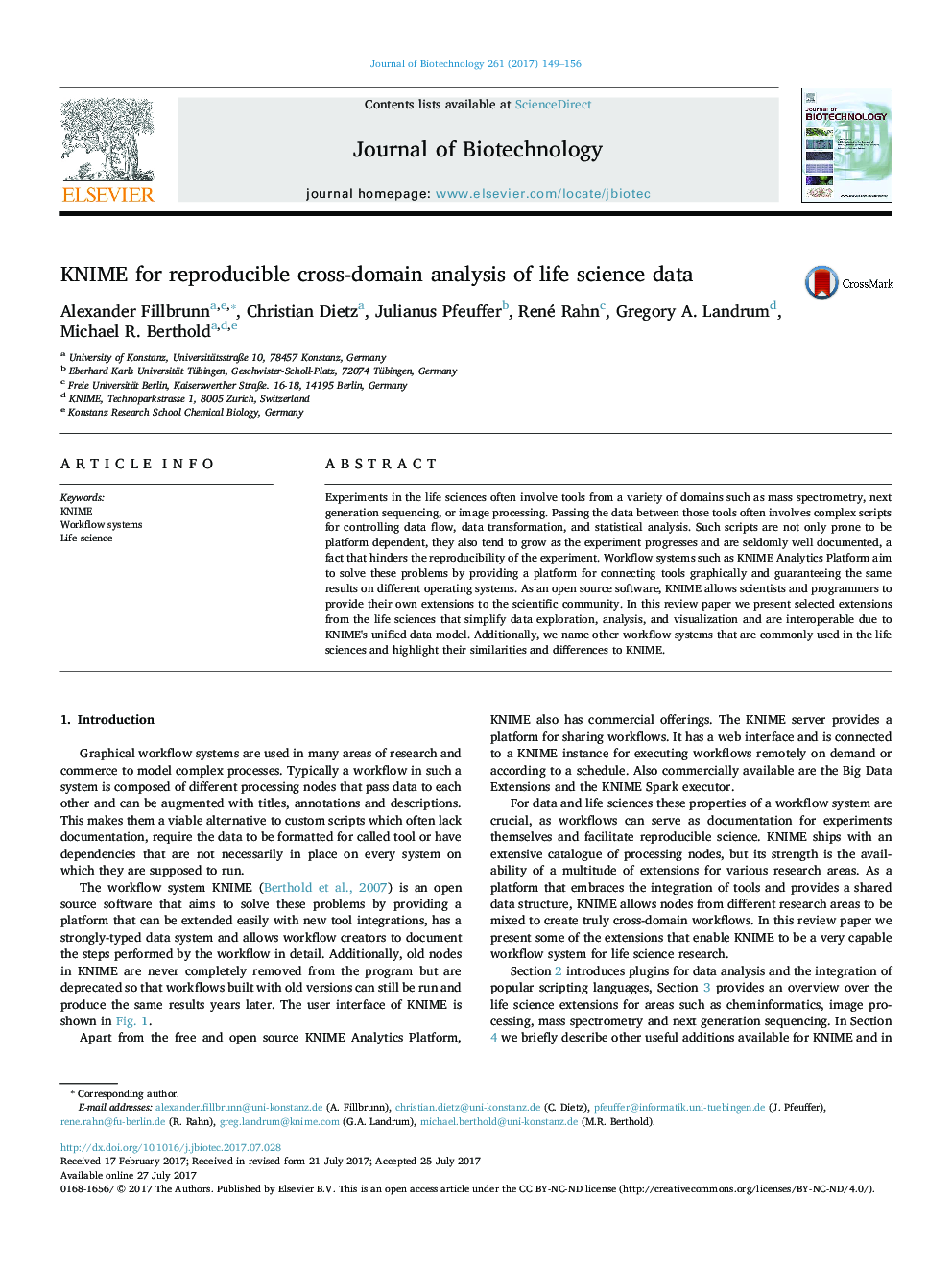 KNIME for reproducible cross-domain analysis of life science data