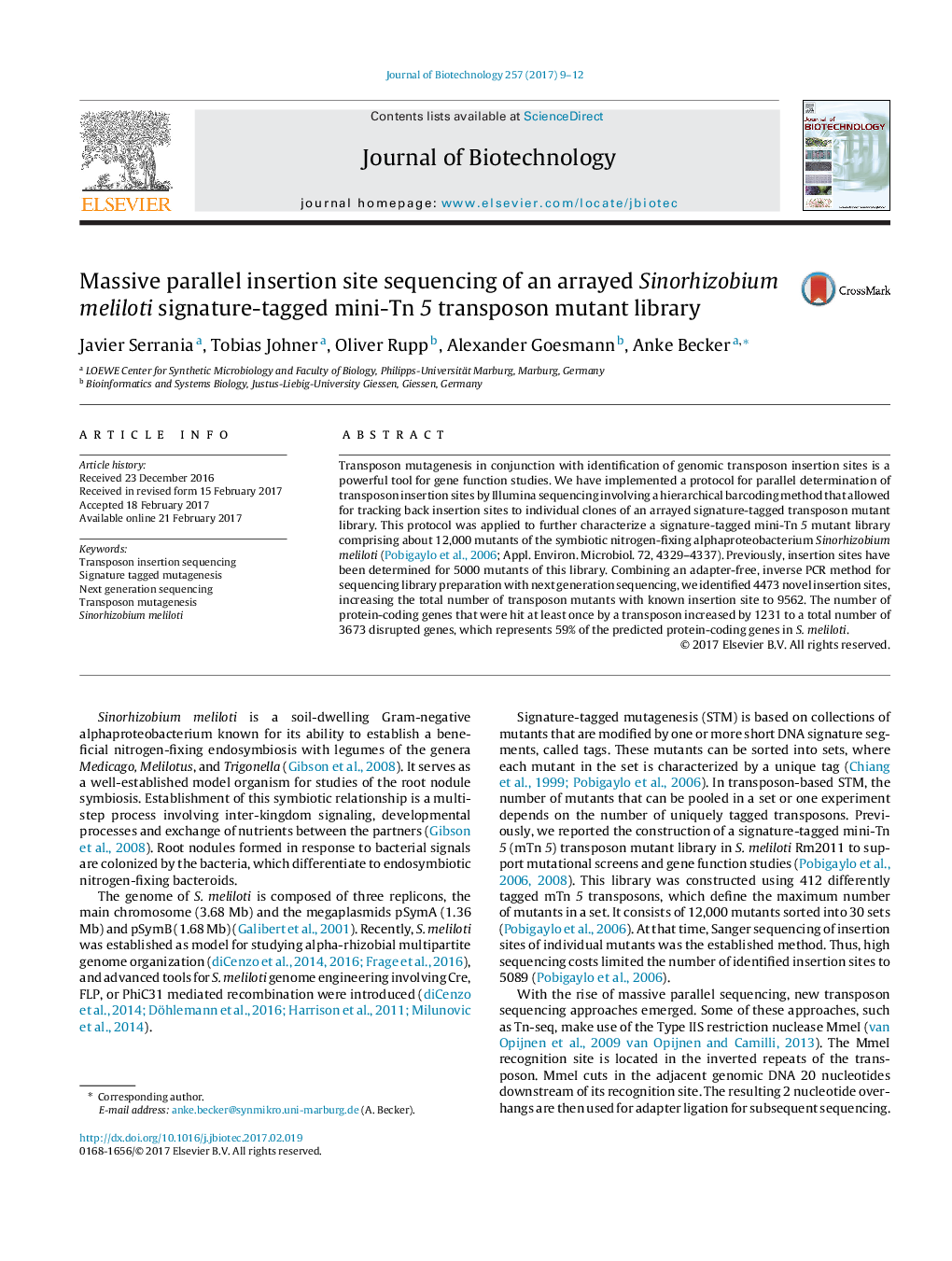 Massive parallel insertion site sequencing of an arrayed Sinorhizobium meliloti signature-tagged mini-Tn 5 transposon mutant library