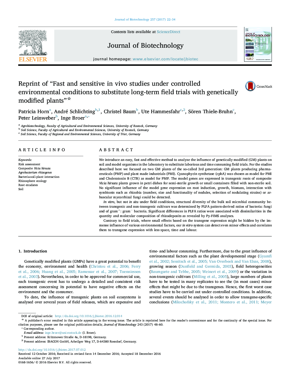 Reprint of “Fast and sensitive in vivo studies under controlled environmental conditions to substitute long-term field trials with genetically modified plants”