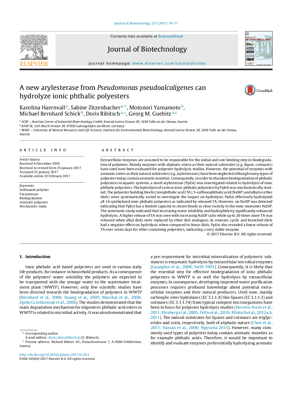 A new arylesterase from Pseudomonas pseudoalcaligenes can hydrolyze ionic phthalic polyesters