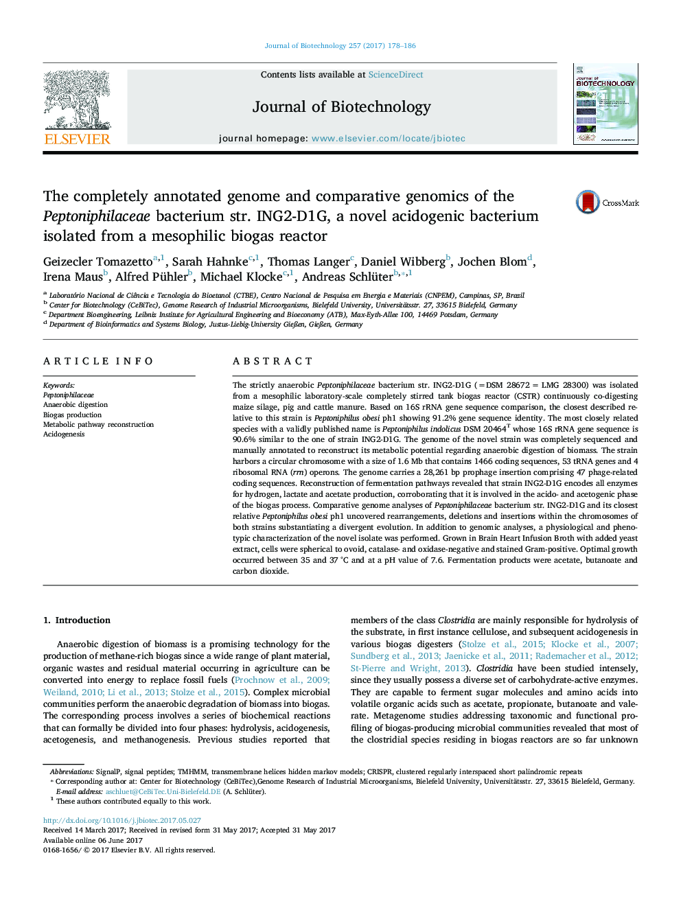 The completely annotated genome and comparative genomics of the Peptoniphilaceae bacterium str. ING2-D1G, a novel acidogenic bacterium isolated from a mesophilic biogas reactor