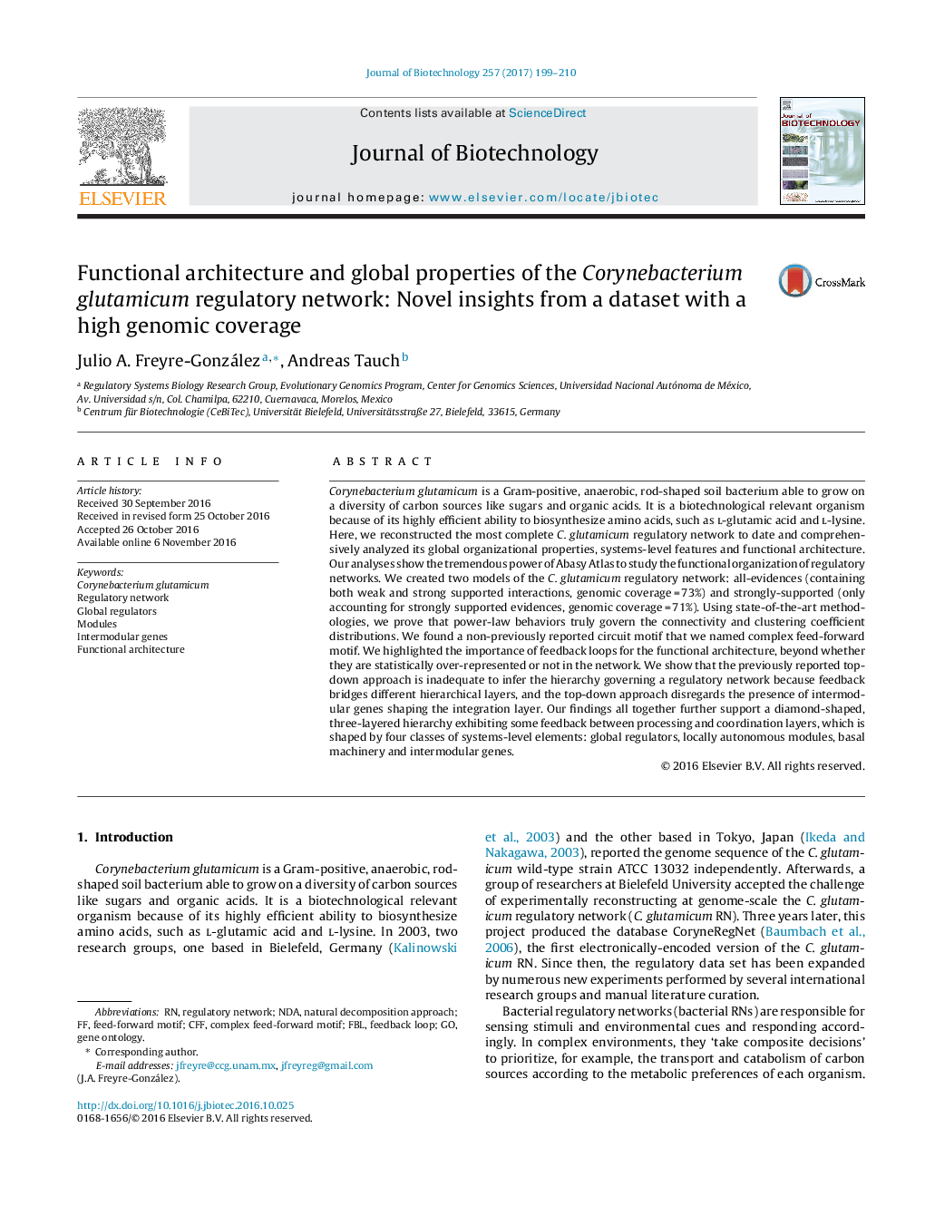 Functional architecture and global properties of the Corynebacterium glutamicum regulatory network: Novel insights from a dataset with a high genomic coverage