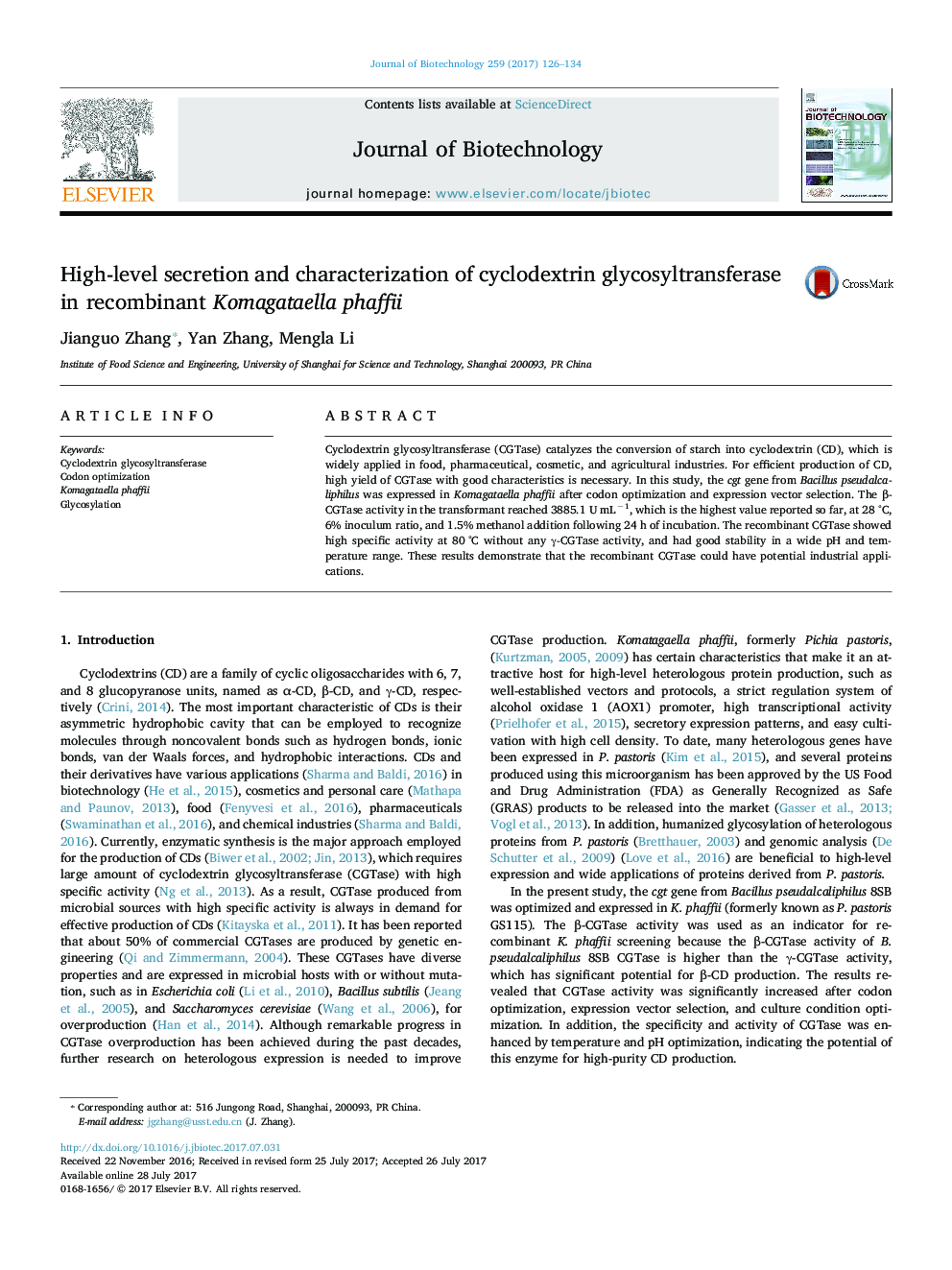 High-level secretion and characterization of cyclodextrin glycosyltransferase in recombinant Komagataella phaffii