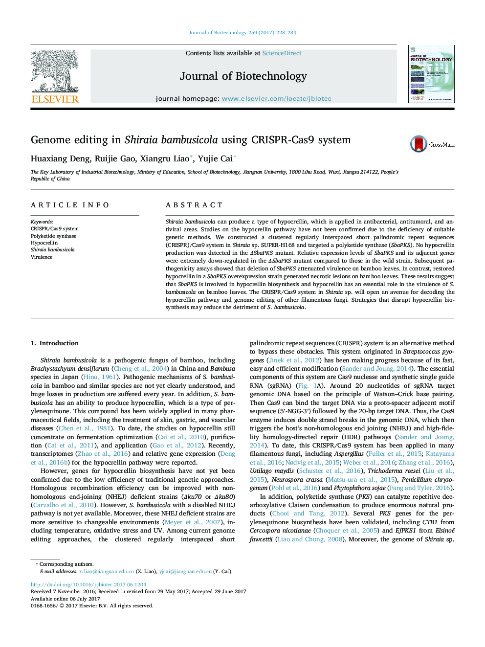 Genome editing in Shiraia bambusicola using CRISPR-Cas9 system