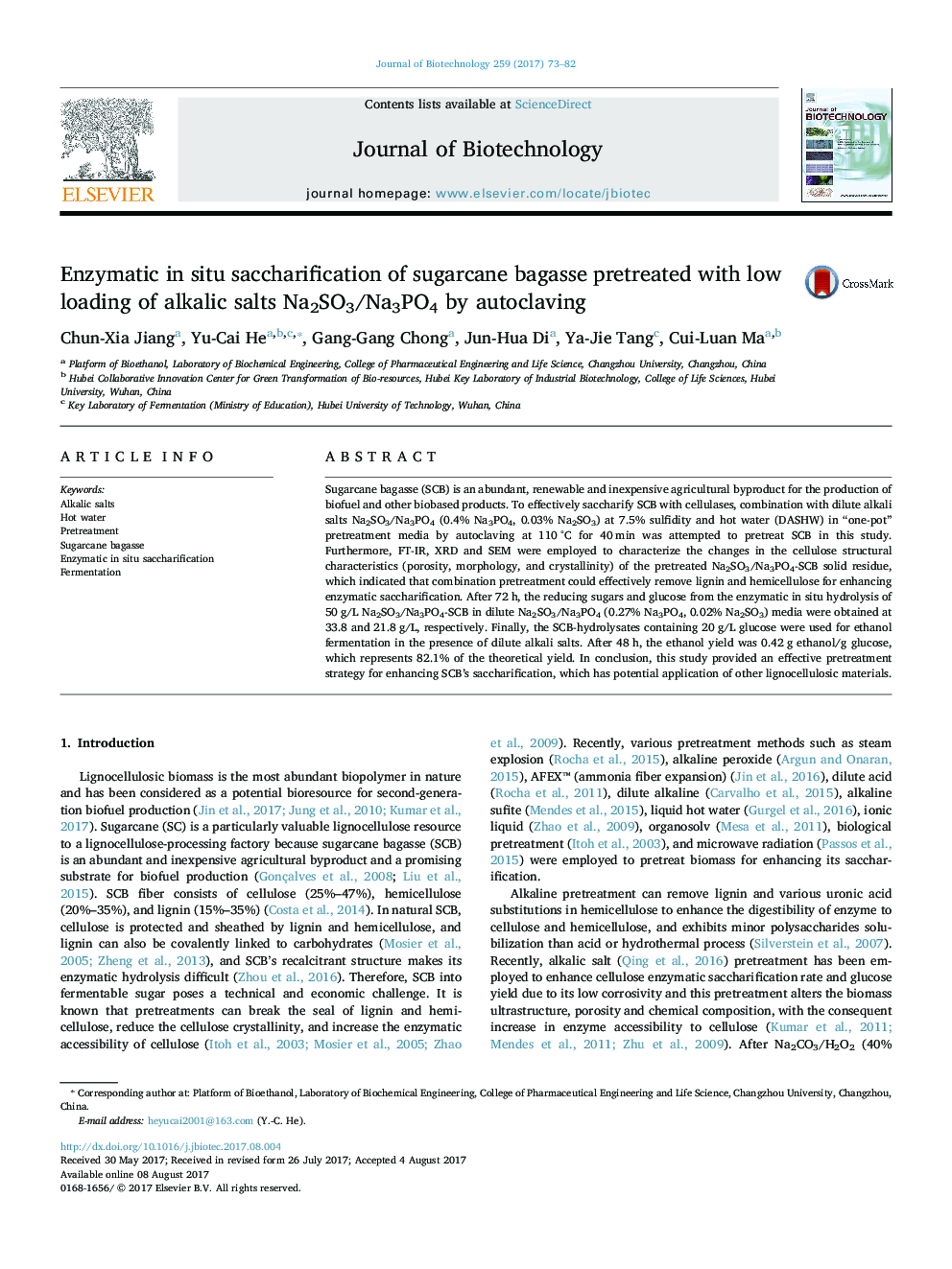 Enzymatic in situ saccharification of sugarcane bagasse pretreated with low loading of alkalic salts Na2SO3/Na3PO4 by autoclaving