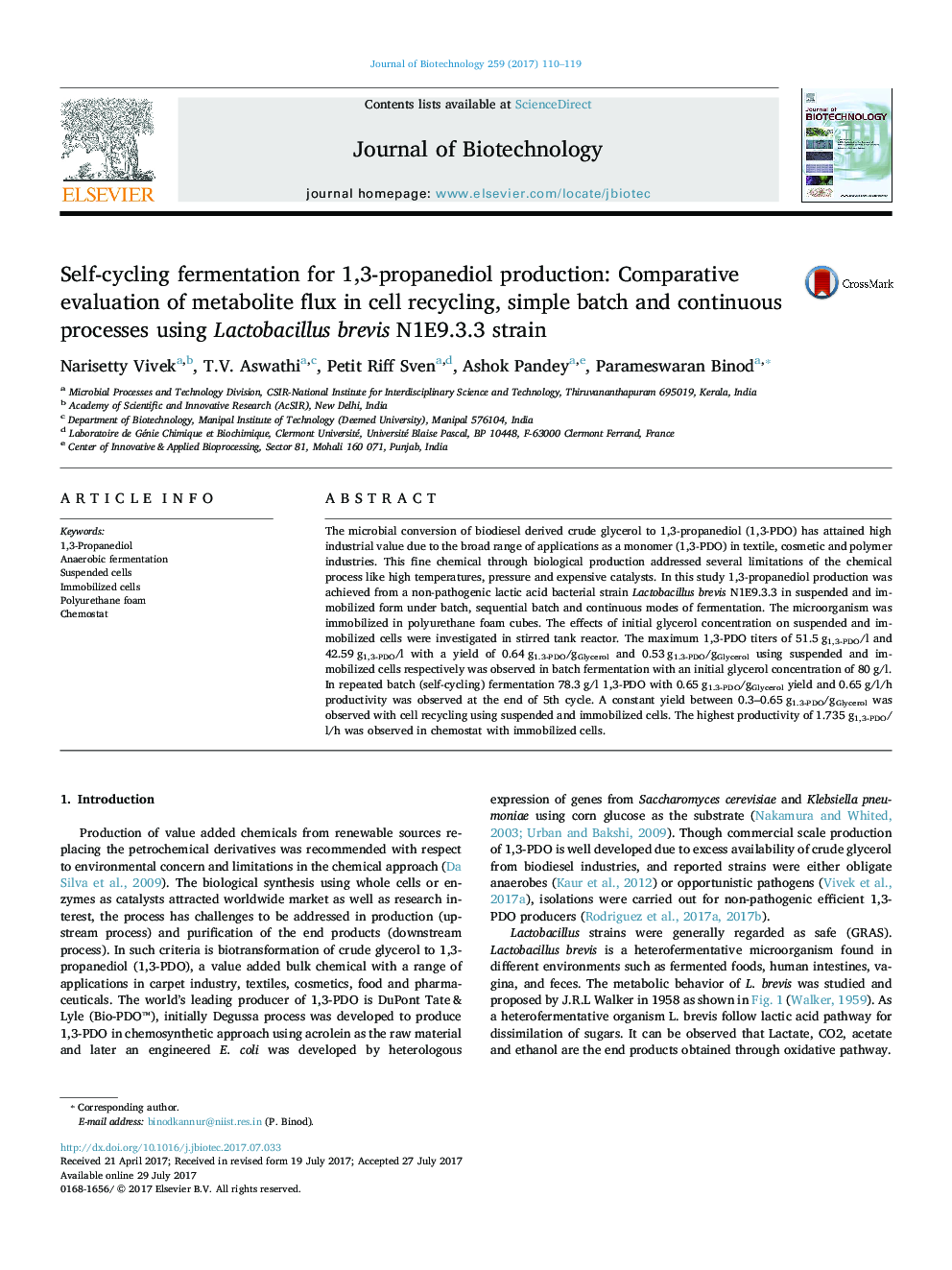 Self-cycling fermentation for 1,3-propanediol production: Comparative evaluation of metabolite flux in cell recycling, simple batch and continuous processes using Lactobacillus brevis N1E9.3.3 strain