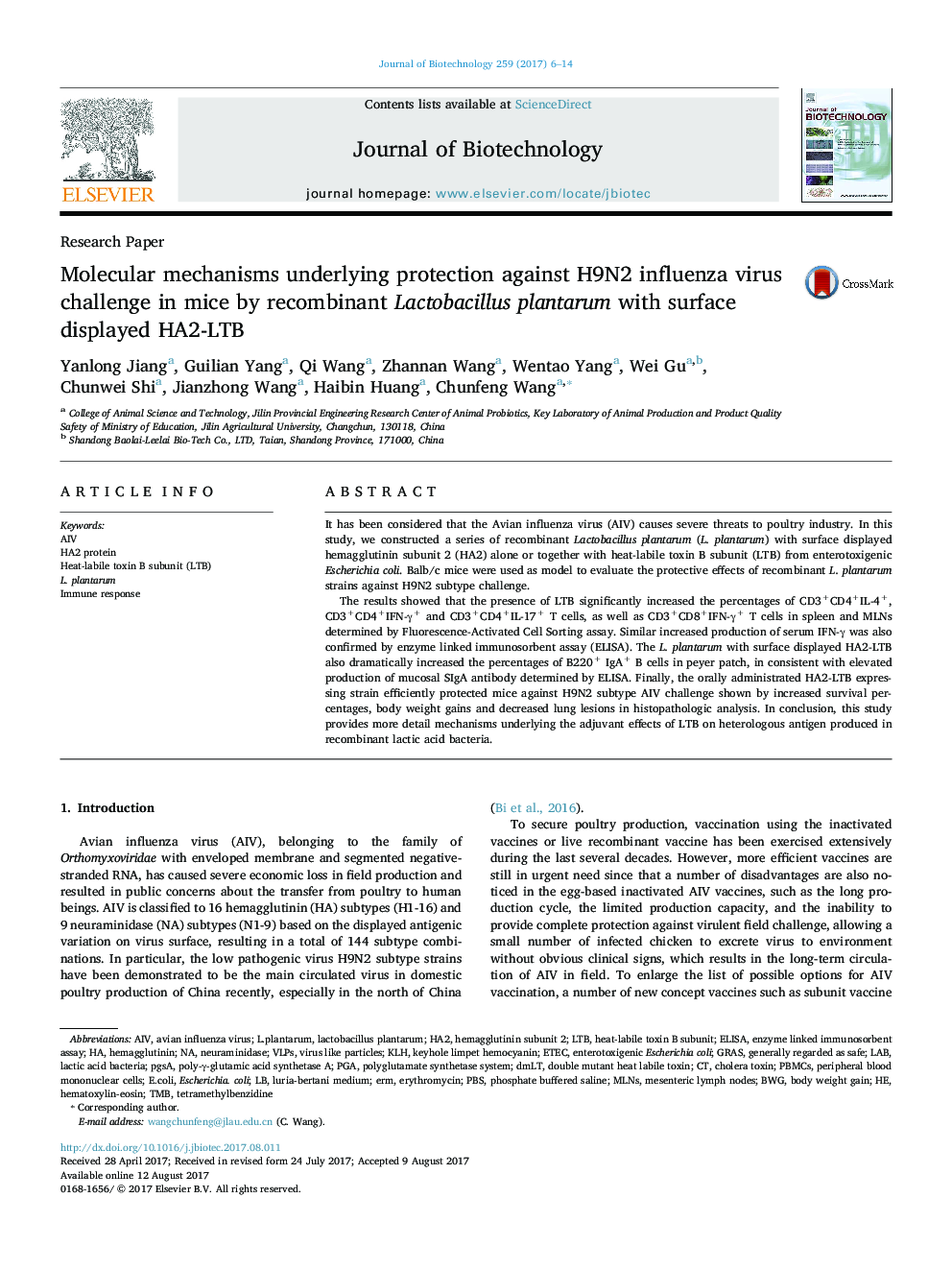 Research PaperMolecular mechanisms underlying protection against H9N2 influenza virus challenge in mice by recombinant Lactobacillus plantarum with surface displayed HA2-LTB