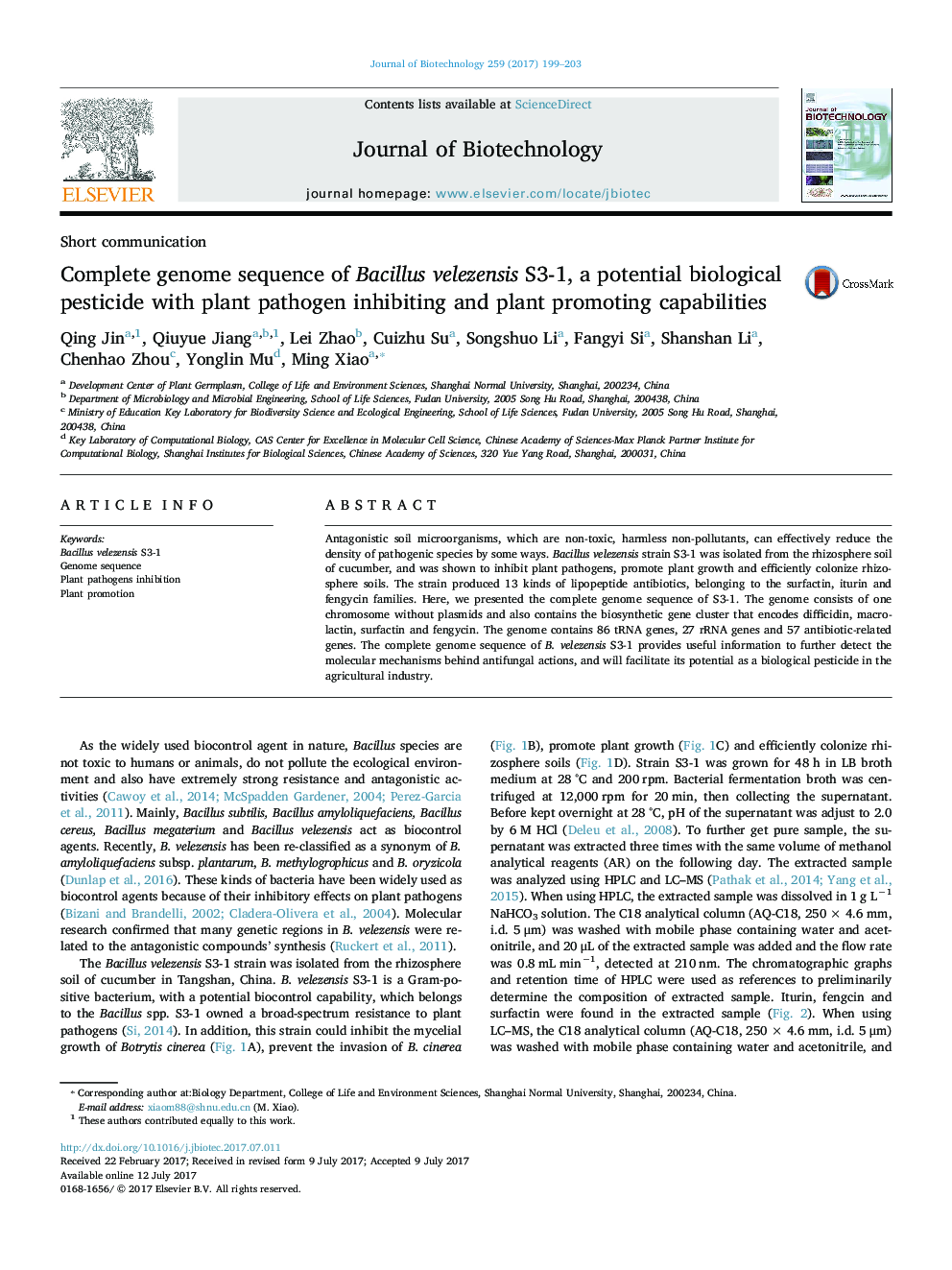 Short communicationComplete genome sequence of Bacillus velezensis S3-1, a potential biological pesticide with plant pathogen inhibiting and plant promoting capabilities