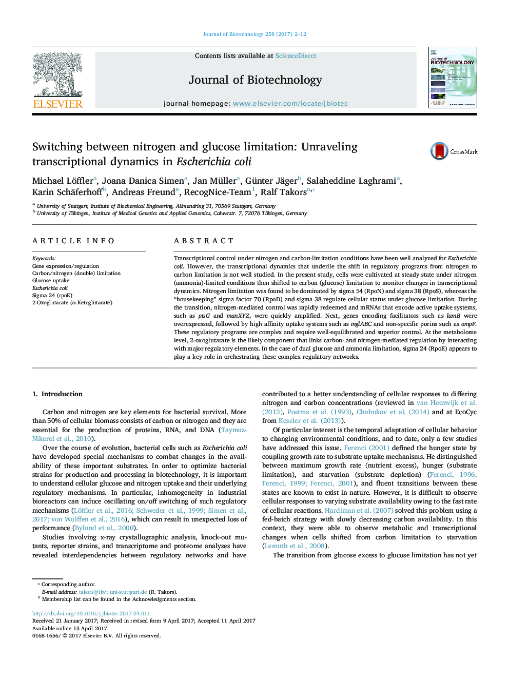 Switching between nitrogen and glucose limitation: Unraveling transcriptional dynamics in Escherichia coli