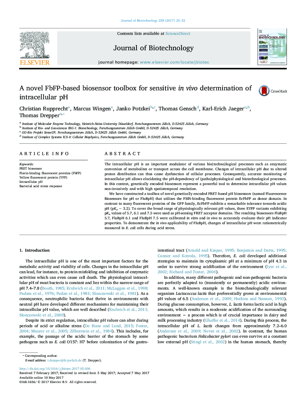 A novel FbFP-based biosensor toolbox for sensitive in vivo determination of intracellular pH