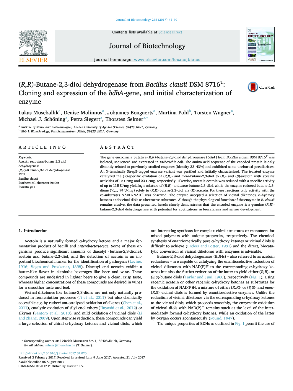 (R,R)-Butane-2,3-diol dehydrogenase from Bacillus clausii DSM 8716T: Cloning and expression of the bdhA-gene, and initial characterization of enzyme