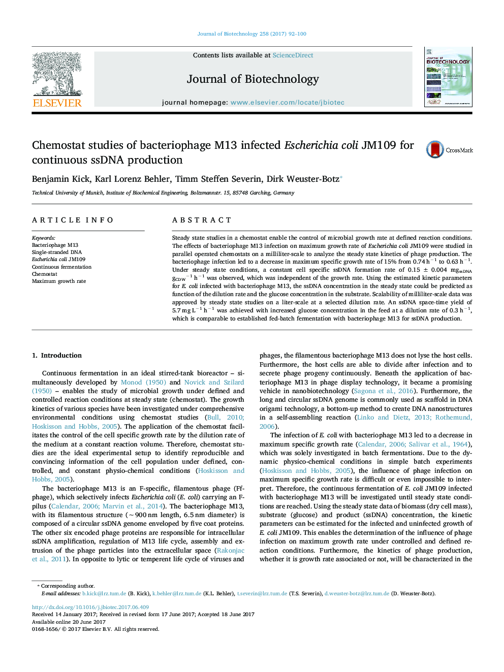 Chemostat studies of bacteriophage M13 infected Escherichia coli JM109 for continuous ssDNA production