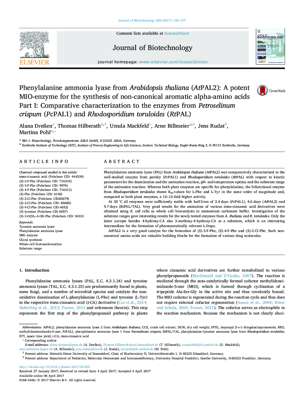 Phenylalanine ammonia lyase from Arabidopsis thaliana (AtPAL2): A potent MIO-enzyme for the synthesis of non-canonical aromatic alpha-amino acids: Part I: Comparative characterization to the enzymes from Petroselinum crispum (PcPAL1) and Rhodosporidium to