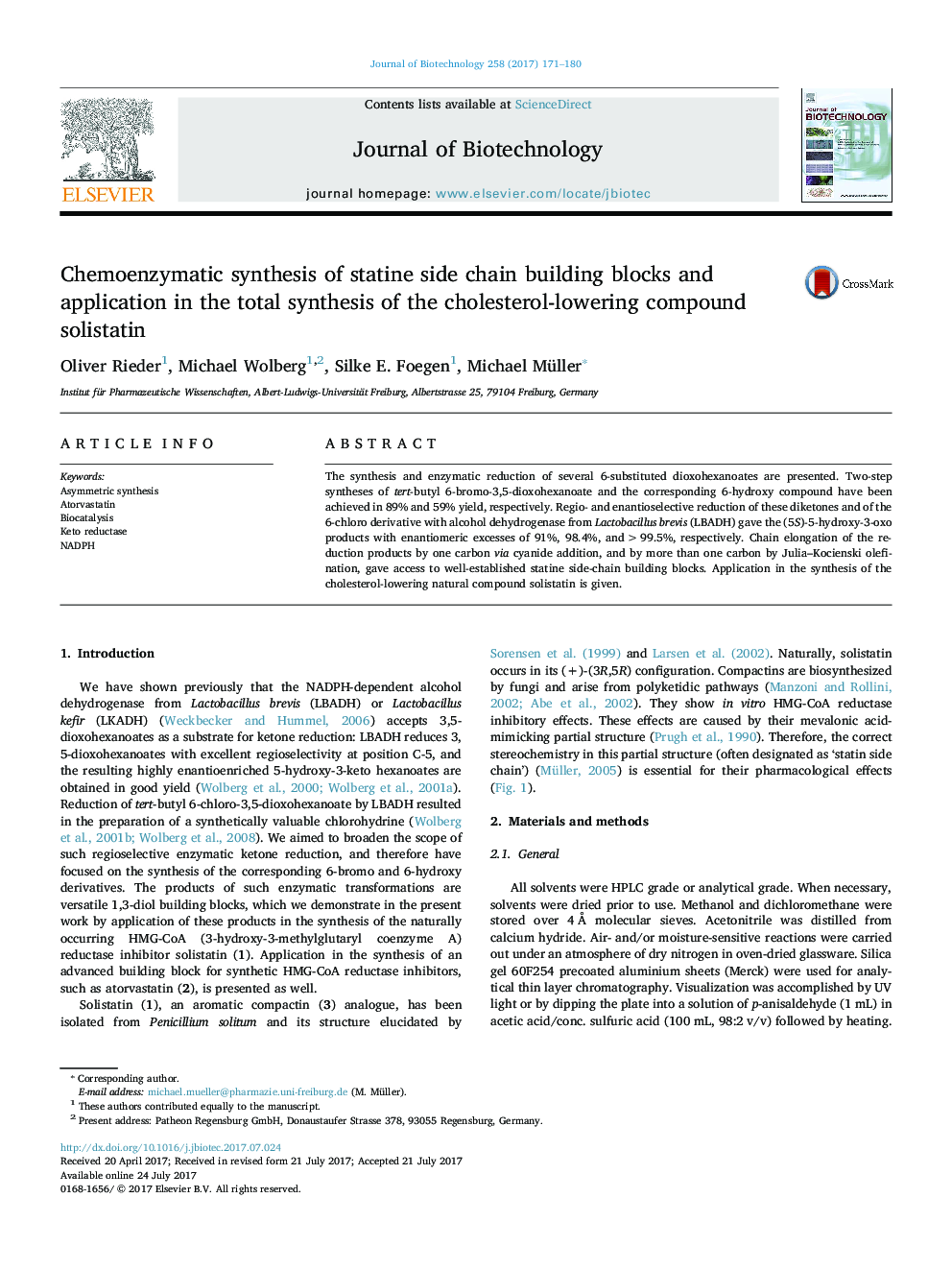 Chemoenzymatic synthesis of statine side chain building blocks and application in the total synthesis of the cholesterol-lowering compound solistatin
