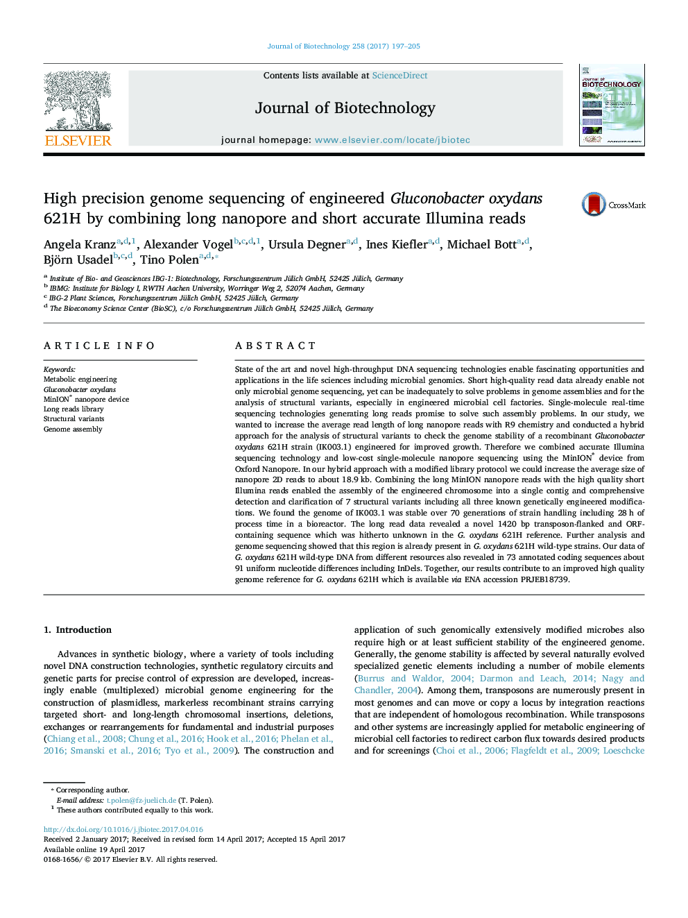 High precision genome sequencing of engineered Gluconobacter oxydans 621H by combining long nanopore and short accurate Illumina reads