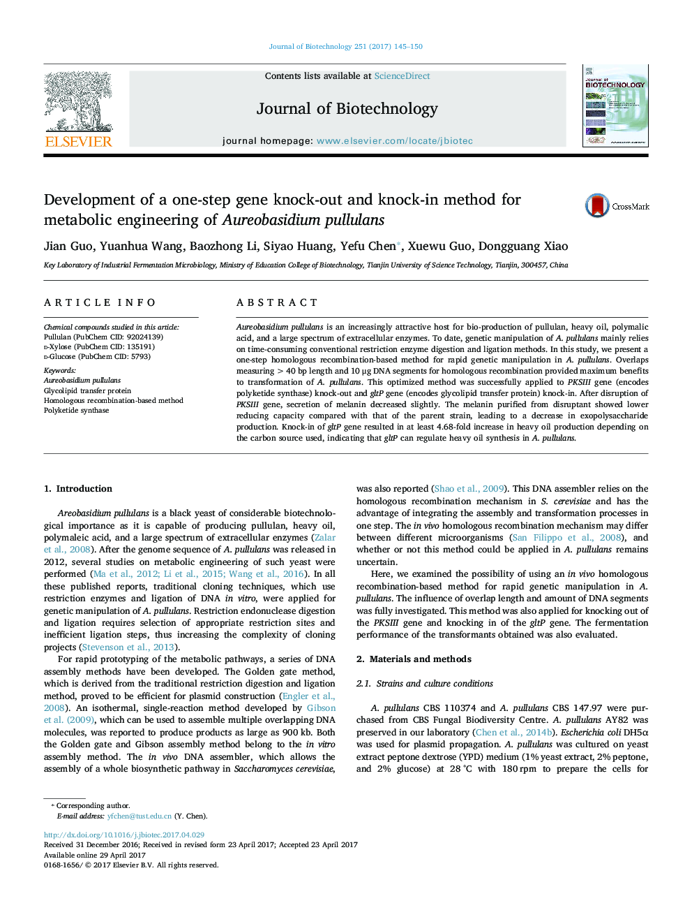 Development of a one-step gene knock-out and knock-in method for metabolic engineering of Aureobasidium pullulans