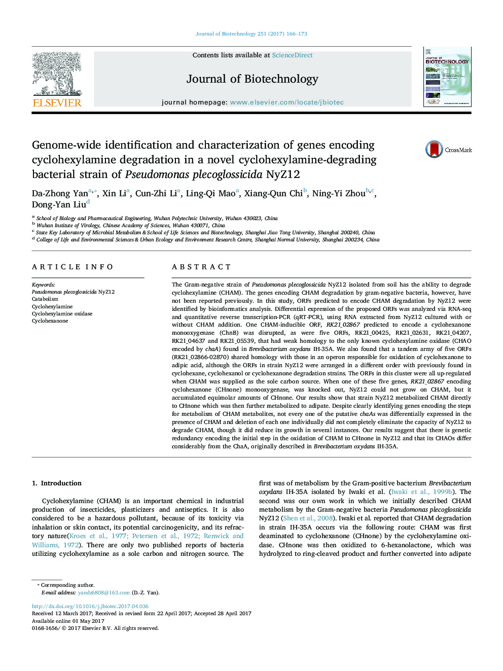 Genome-wide identification and characterization of genes encoding cyclohexylamine degradation in a novel cyclohexylamine-degrading bacterial strain of Pseudomonas plecoglossicida NyZ12