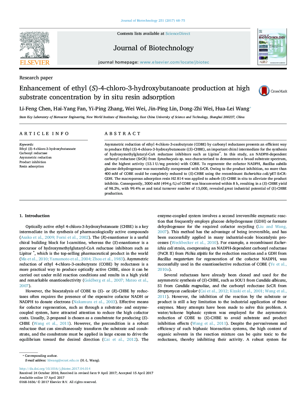 Research paperEnhancement of ethyl (S)-4-chloro-3-hydroxybutanoate production at high substrate concentration by in situ resin adsorption