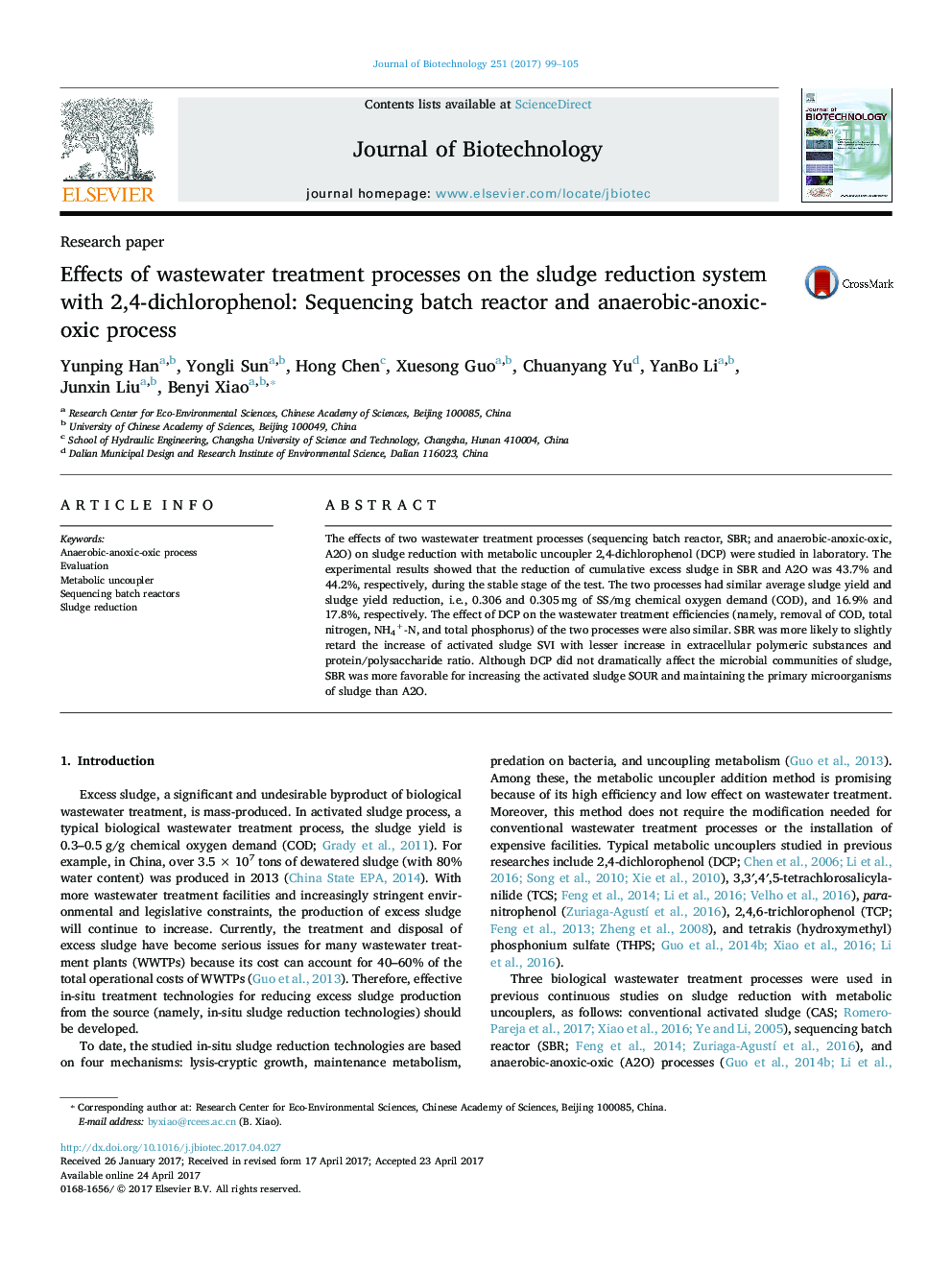 Research paperEffects of wastewater treatment processes on the sludge reduction system with 2,4-dichlorophenol: Sequencing batch reactor and anaerobic-anoxic-oxic process