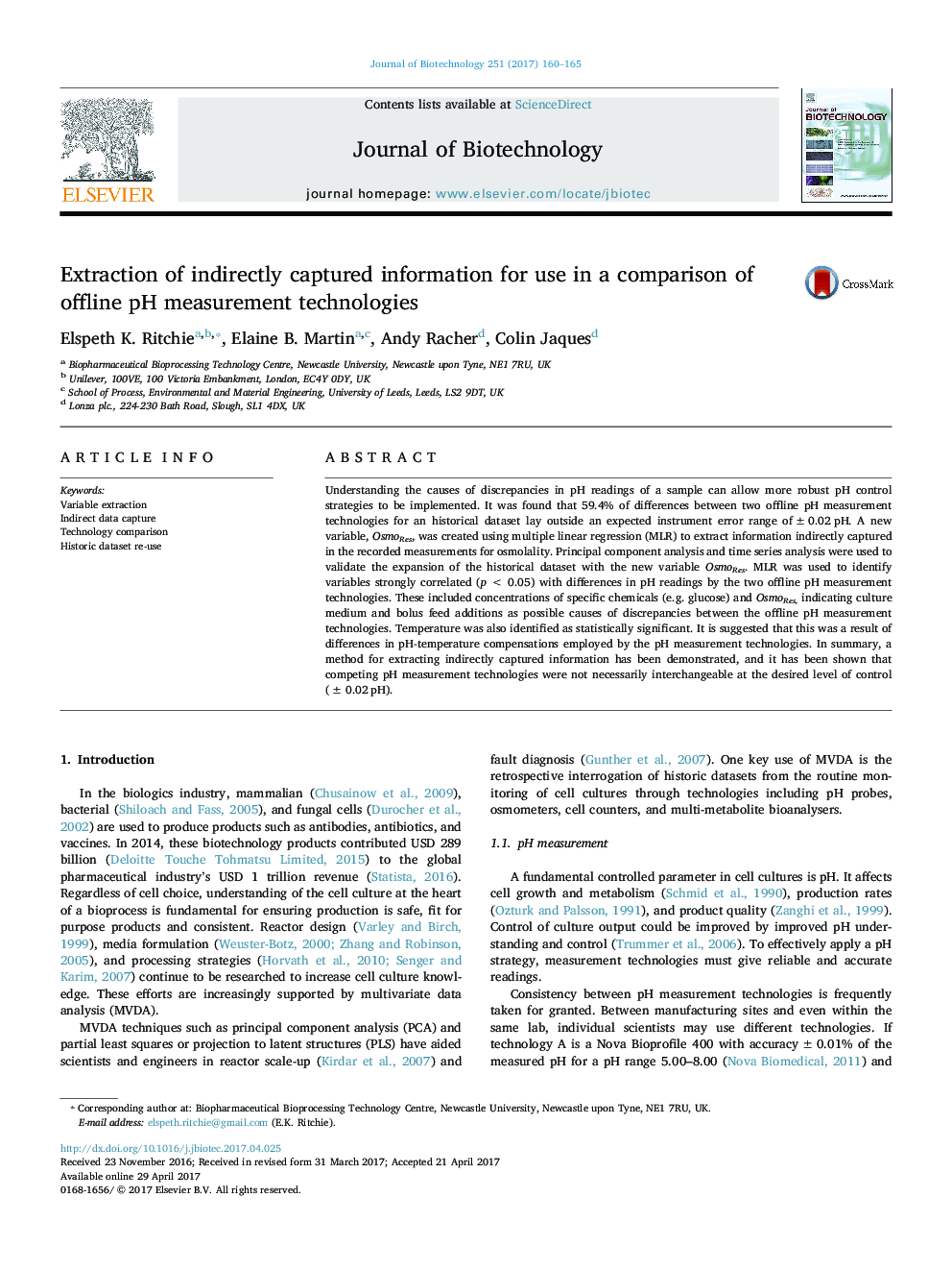 Extraction of indirectly captured information for use in a comparison of offline pH measurement technologies