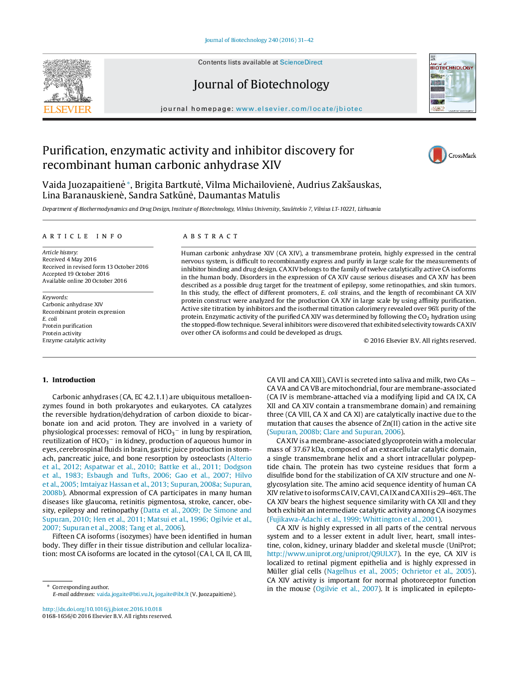 Purification, enzymatic activity and inhibitor discovery for recombinant human carbonic anhydrase XIV