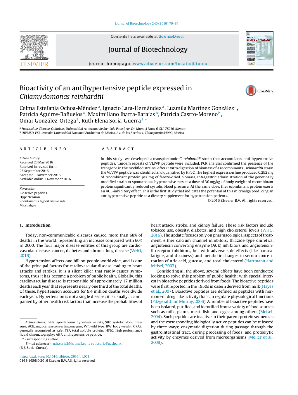 Bioactivity of an antihypertensive peptide expressed in Chlamydomonas reinhardtii