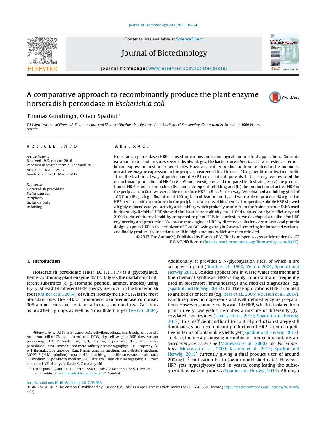 A comparative approach to recombinantly produce the plant enzyme horseradish peroxidase in Escherichia coli