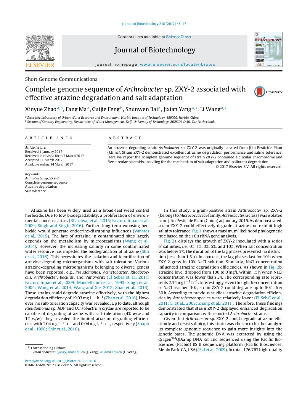 Short Genome CommunicationsComplete genome sequence of Arthrobacter sp. ZXY-2 associated with effective atrazine degradation and salt adaptation